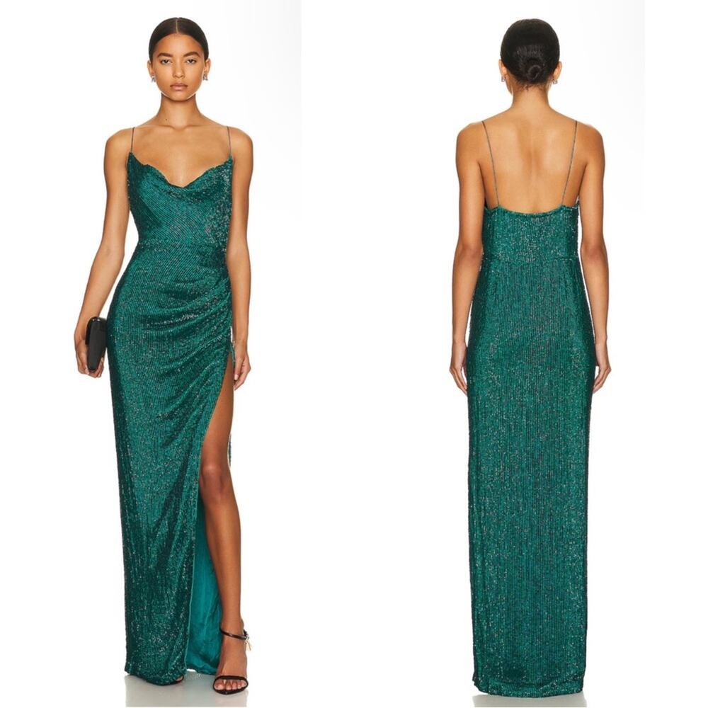 RETROFETE Katya Sequin Embellished Cowl Neck Green Maxi Dress Size XS